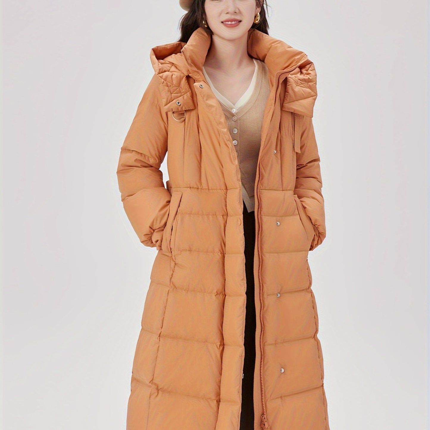 Mid Length Hooded Warm Coat, Elegant Long Sleeve Winter Outerwear, Women's Clothing