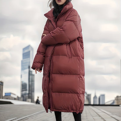 Thickened Long Puffer Jacket, Over The Knee Winter Stand Collar Warm Jacket, Women's Activewear