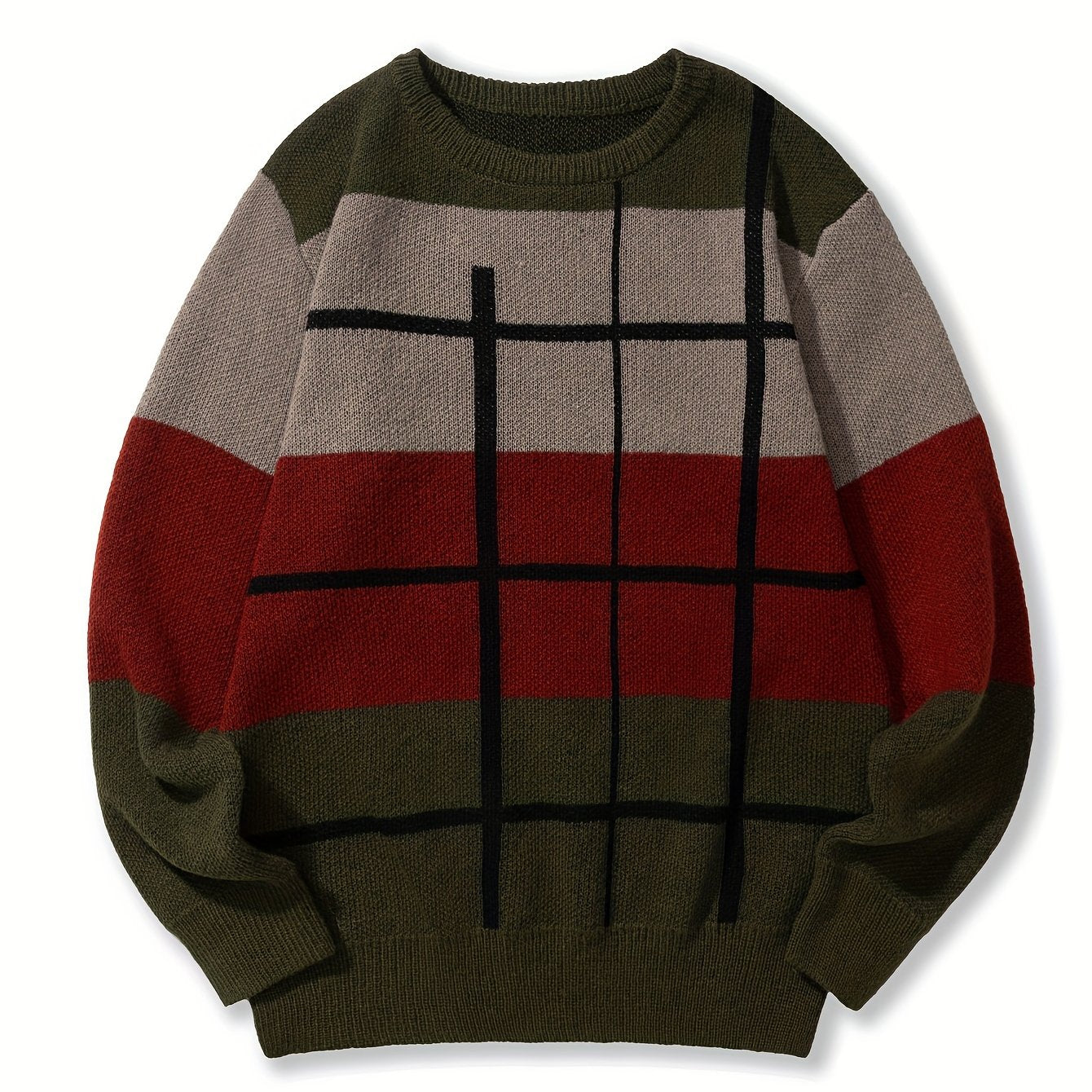 Mens Soft Knit Color Block Sweater - Stylish, Warm & Stretchy - Versatile Crew Neck Pullover for Autumn Winter