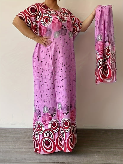 Long Floral Vintage Tunic Maxi Dress - Crew Neck, Batwing Sleeve, Machine Washable, Woven Acetate Fabric, All-Season, Elegant Cover-Up for Women - Middle East Inspired, No Elasticity, No Dry Clean