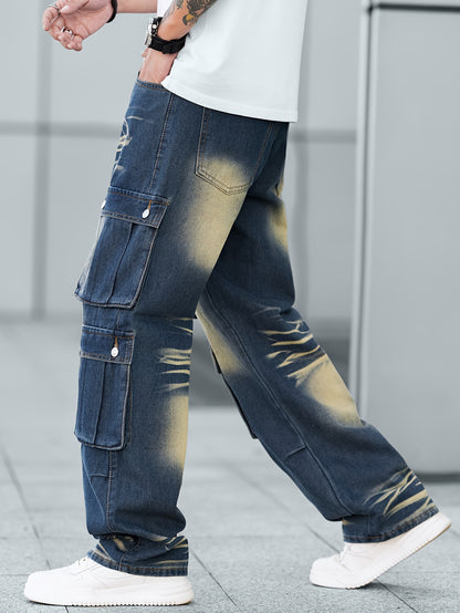 Stylish Loose Fit Wide Leg Jeans - Men's Comfy Denim Cargo Pants with Multiple Pockets for Street Style Fashion - Comfortable, Relaxed, and Fashionable Pants for Everyday Wear