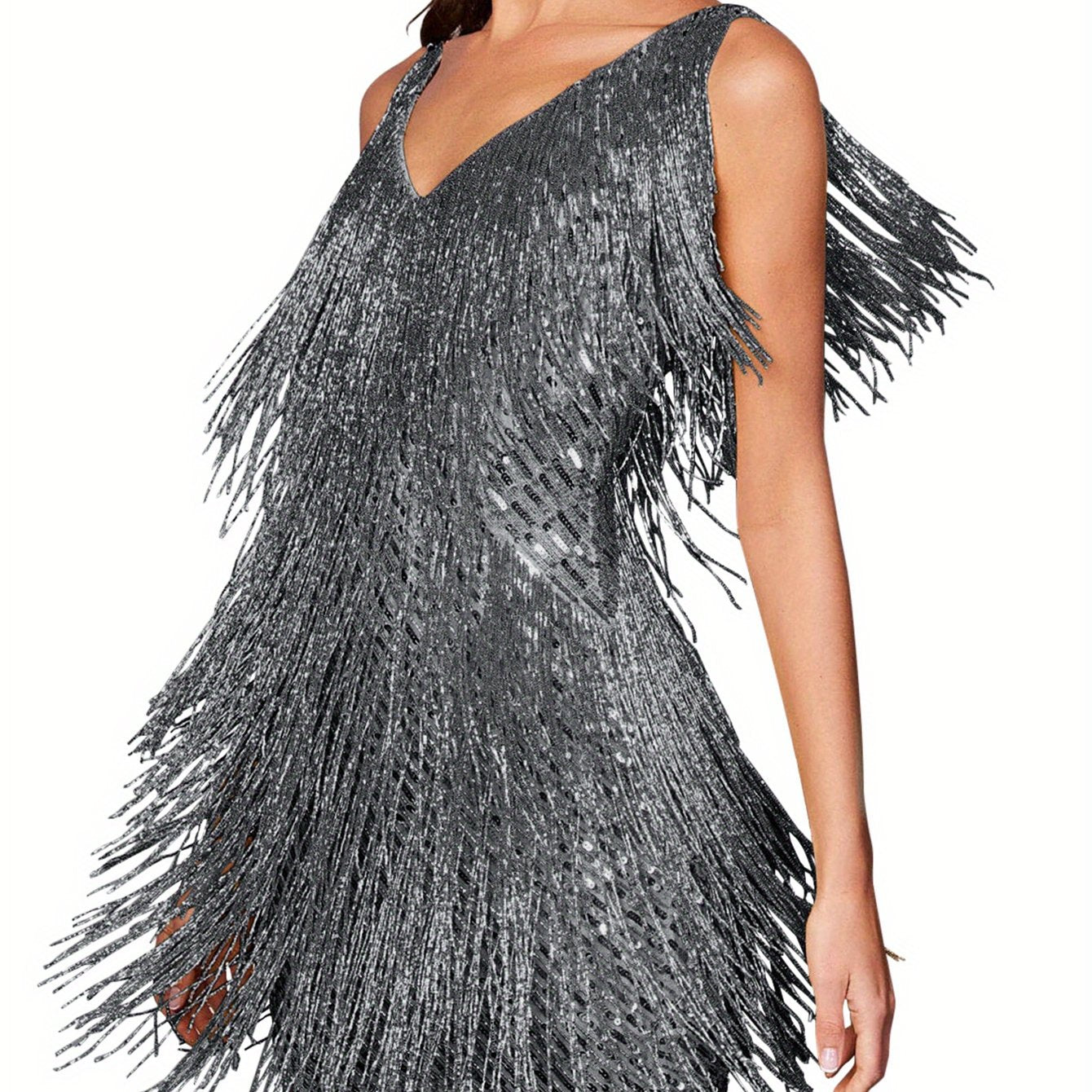 Women 1920s Sequin Dress V Neck Flapper Gatsby Homecoming Dresses Fringe Wedding Club Party Evening Gown