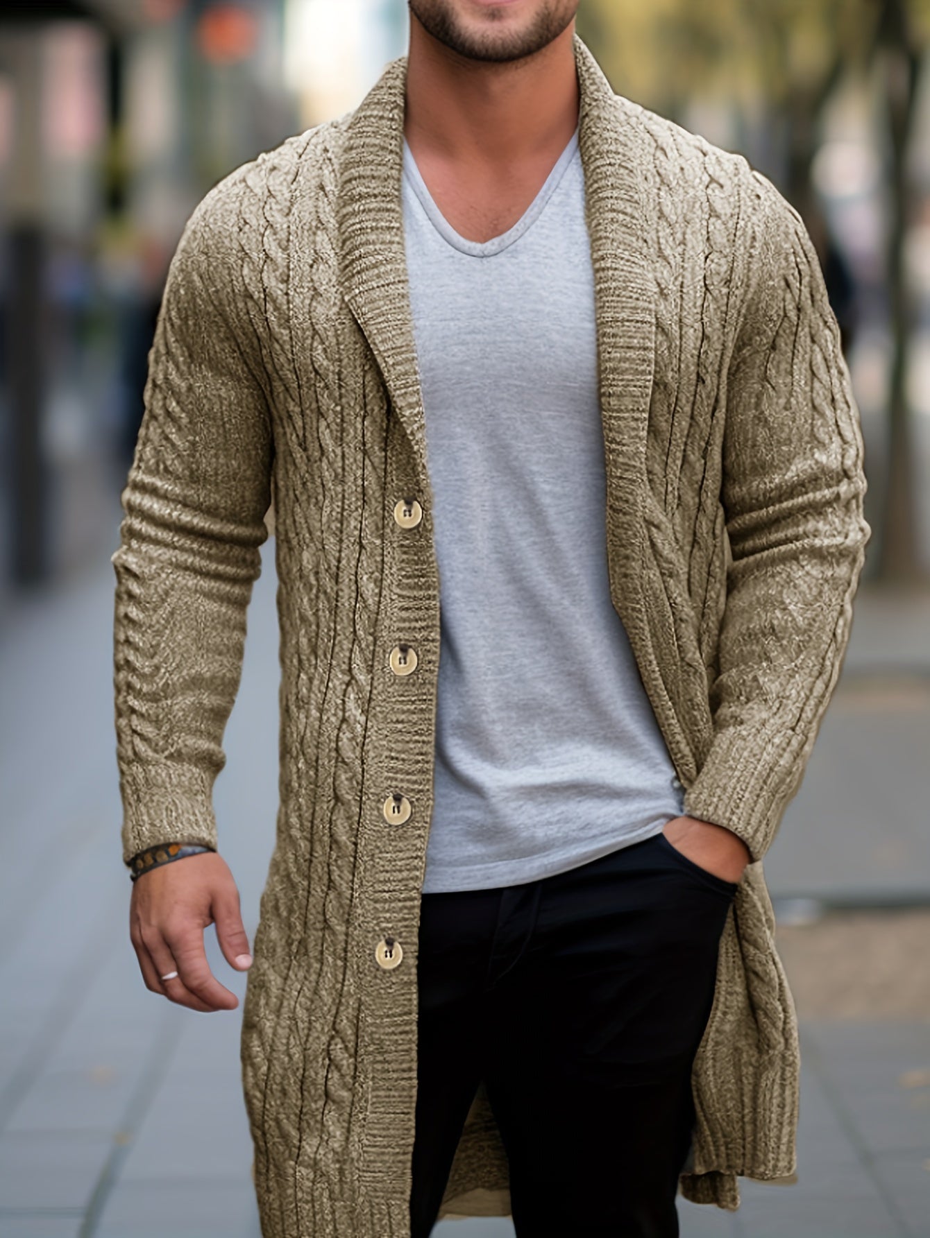 Mens Luxurious Mid-Length Loose Knit Cardigan Sweater - Fashionable Shawl Collar, Long Sleeve, Winter Thick Warm, Button-Front, Soft Brushed Fabric, Cozy Fit - Perfect for Casual Daily Wear, Outdoor Activities, and Gift Giving