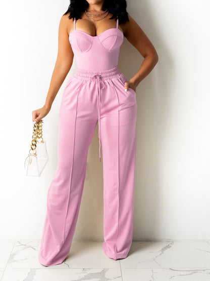 Summer Chic Pantsuit Set - Women's Solid Color Casual Outfit with Cami Top & Drawstring Pants - Comfortable, Breathable, and Versatile Clothing for Warm Weather