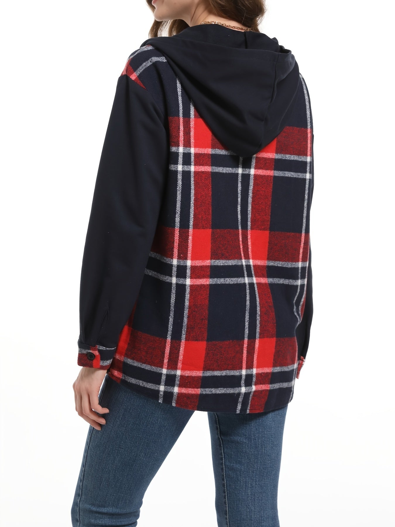 Trendy Plaid Hooded Jacket - Stylish Button Front Design, Long Sleeve Outerwear for Women - Comfortable & Versatile Print Clothing