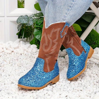 Chic Blue Sequin Embroidered Girls' Princess Boots - Warm Fleece-Lined, Non-Slip Mid-Calf Knight Boots with Zip Closure for Fall/Winter