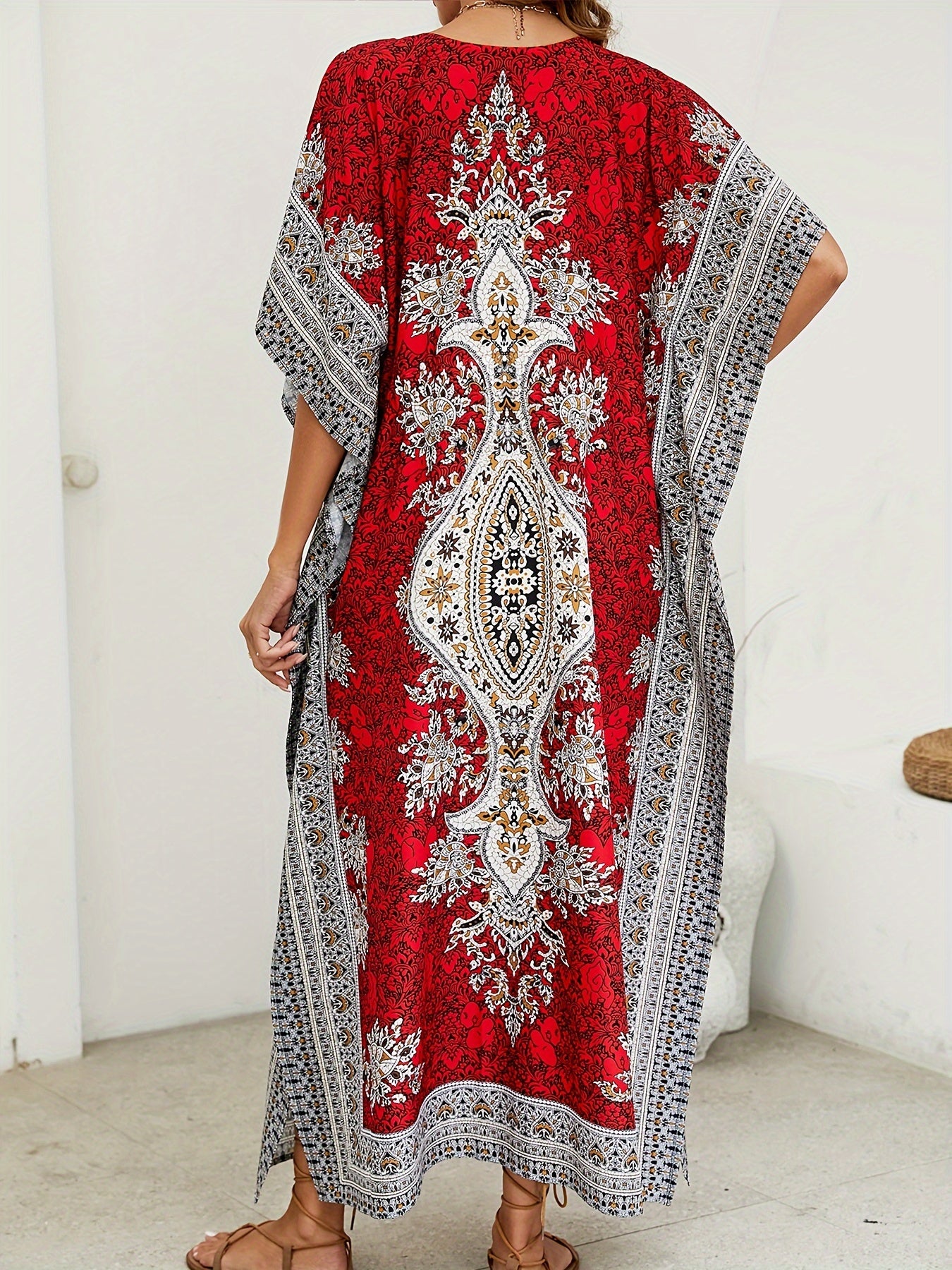 Tribal Chic V-Neck Kaftan Dress with Batwing Sleeves - Machine Washable, Versatile for All Seasons, Drawstring Detail