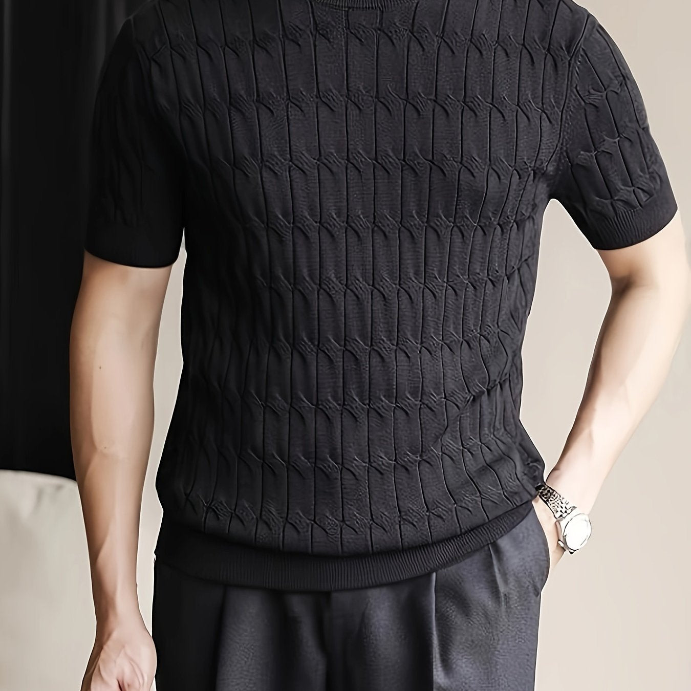 Men's Striped Knitted Pullover, Casual Short Sleeve Slim-fit Crew Neck Sweater For Outdoor