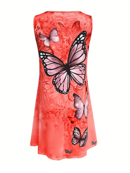 Vibrant Butterfly Print Sleeveless Casual Crew Neck Tank Dress - Soft Mid-Elasticity Polyester Fabric, Semi-Sheer, Customized Style for Women - Perfect for Spring and Summer Seasons