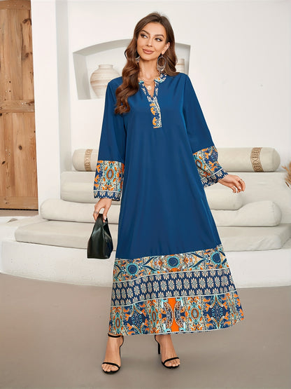 Vibrant Ramadan Kaftan Dress - Elegant Long Sleeve Notched Neck Maxi Length Loose Fit Color Block Print Ethnic Clothing for Women - Perfect for Modest Fashion and Special Occasions