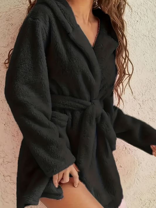 Cozy Plus Size Fuzzy Hooded Robe - Plus Size Nightgowns & Sleepshirts - Soft, Warm, Long Sleeve, Solid Color, Belted, Perfect for Fall & Winter Lounging