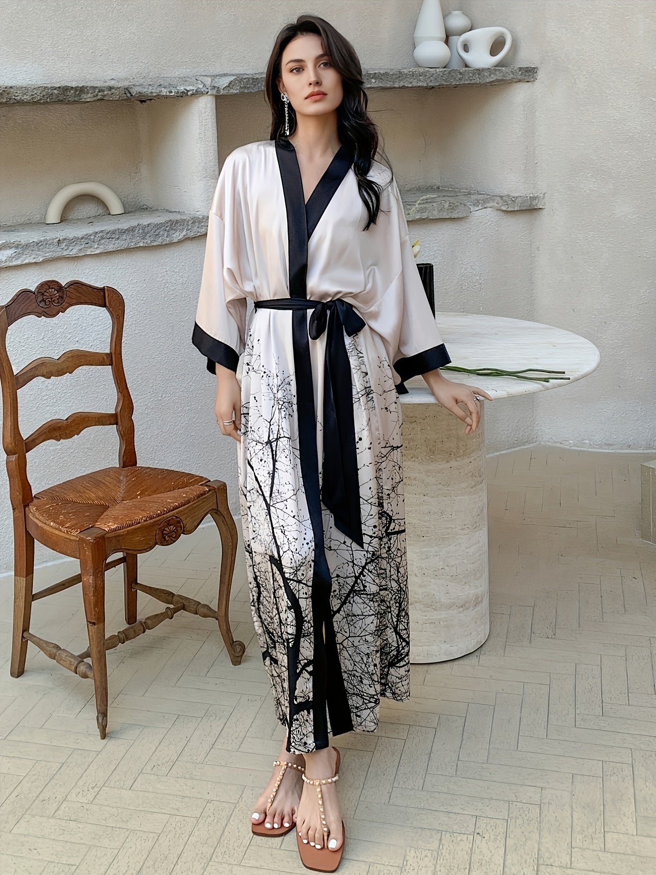 Long Satin Kimono Robe for Women - Soft V-Neck Three Quarter Sleeve Floral Bathrobe with Belt - Polyester and Elastane Blend, Random Printing, Woven, Mature Style, Suitable for All Seasons