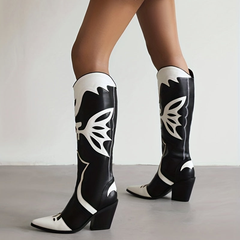 Women's Stylish Printed Chunky Heel Boots, Fashion Pointed Toe Western Boots, Women's Retro Boots