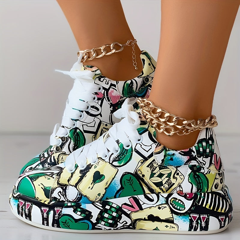 Women's Graffiti Print Sports Shoes, Fashion Lace Up Low Top Platform Sneakers, Casual Skate Shoes