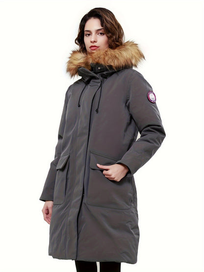 Women's Mid-length Down Parka Jacket, Windproof Insulated Thermal Winter Hooded Coat With Pocket