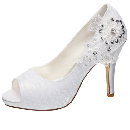 Emily Exquisite Lace Wedding Pumps - High Heel Stiletto Shoes with Rhinestone Floral Decor, Peep Toe Design, Faux Leather Insole, Rubber Sole, and Sequin Embellishments - Perfect for Bridal and Formal Occasions