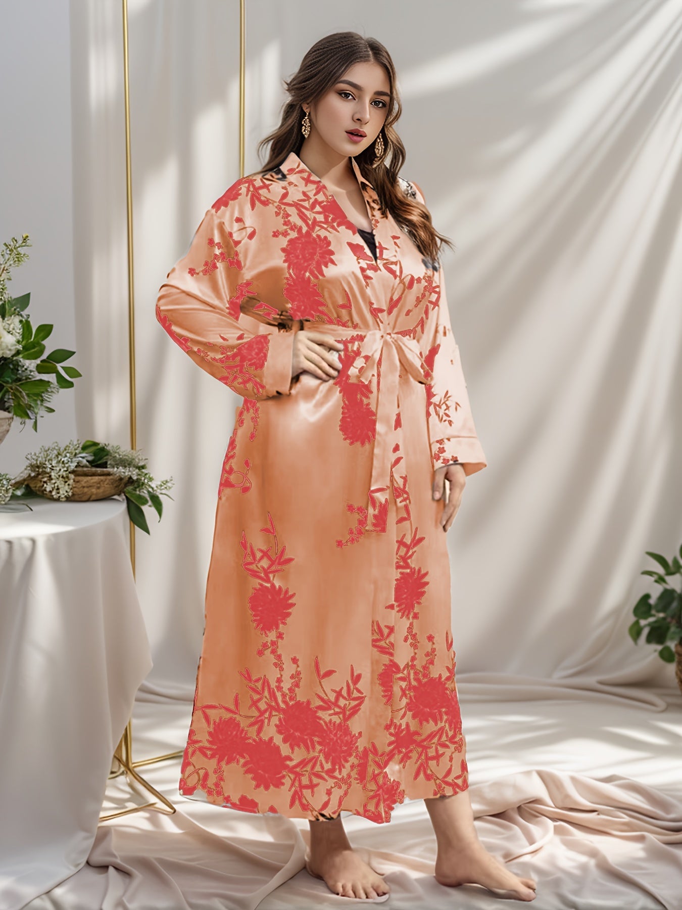 Luxurious Plus Size Satin Floral Print Long Sleeve Open Front Belted Nightgown - Women Plus - Soft, Cozy, and Elegant Lounge Robe for Relaxation - Perfect for Lounging Around the House