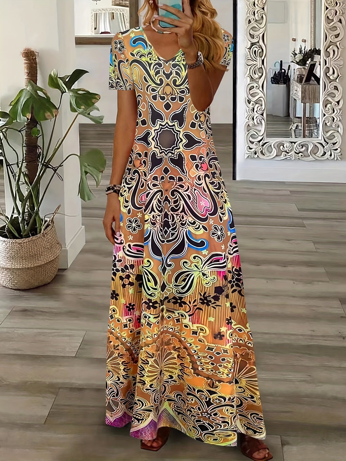 Bohemian V-Neck Maxi Dress - Floral Design - Soft Fabric - Casual & Festive Wear