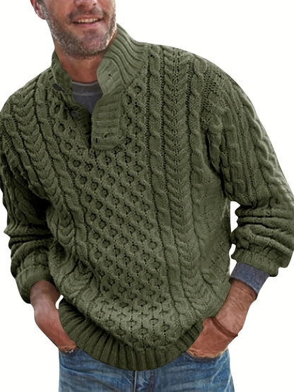 Mens Stand Collar Pullover Sweater Cable Knitted Chunky Winter Fashion Buttons Twisted Thermal Sweaters