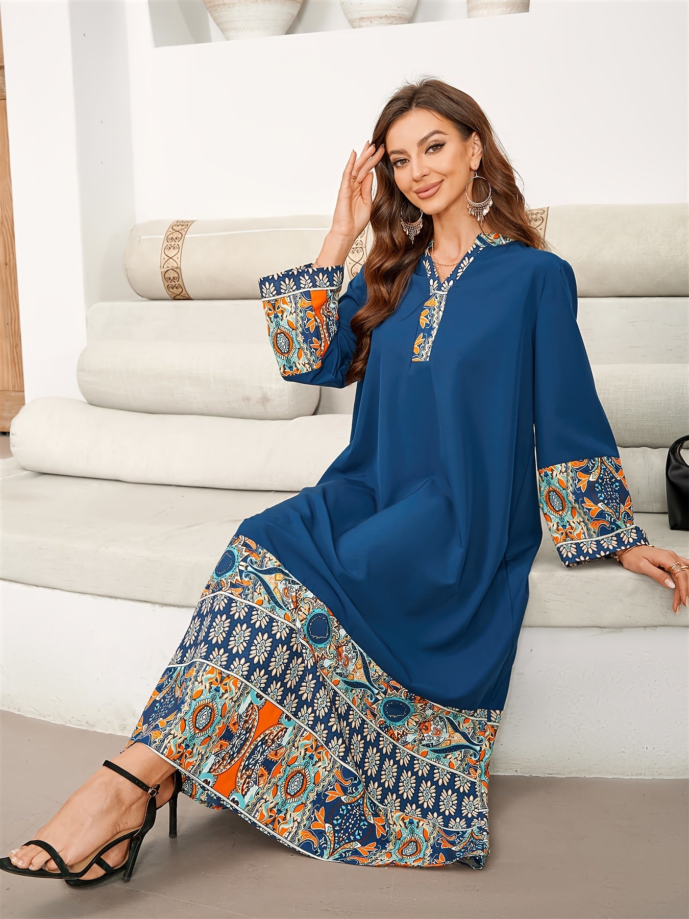 Vibrant Ramadan Kaftan Dress - Elegant Long Sleeve Notched Neck Maxi Length Loose Fit Color Block Print Ethnic Clothing for Women - Perfect for Modest Fashion and Special Occasions