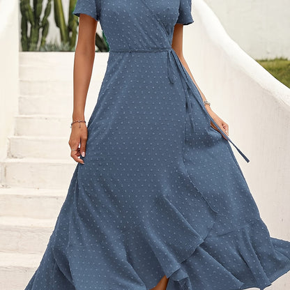 Vibrant Swiss Dot Maxi Dress - Elegant Surplice Neck, Short Sleeves, Split Thigh, Beachy Chic, Perfect for Spring & Summer, Women's Clothing, Comfortable and Flowy, Ideal for Outdoor Activities