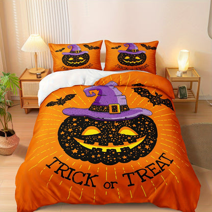 Halloween & Ghost Themed Duvet Cover Set, 3 Piece - 100% Polyester Lightweight Sanded Fabric, All-Season Digital Printed Bedding with Zipper Closure - Includes 1 Duvet Cover and 2 Pillowcases, Machine Washable, No Duvet Insert