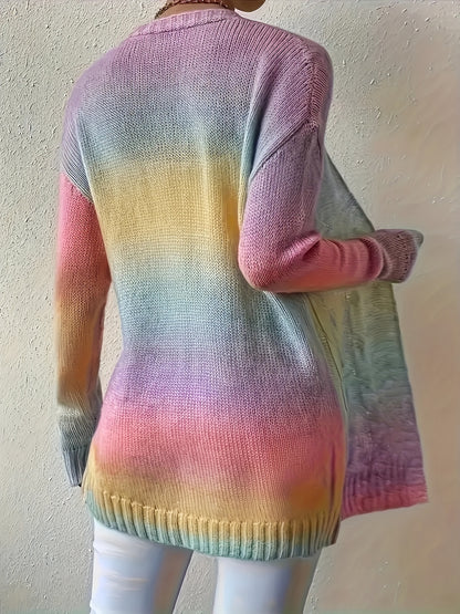 Plus Size Cozy Ombre Cable Knit Open Front Cardigan - Soft, Drop Shoulder, Long Sleeve, Vacation Style, Knitted, Relaxed Fit, Women's Comfortable Clothing for Curvy Figures