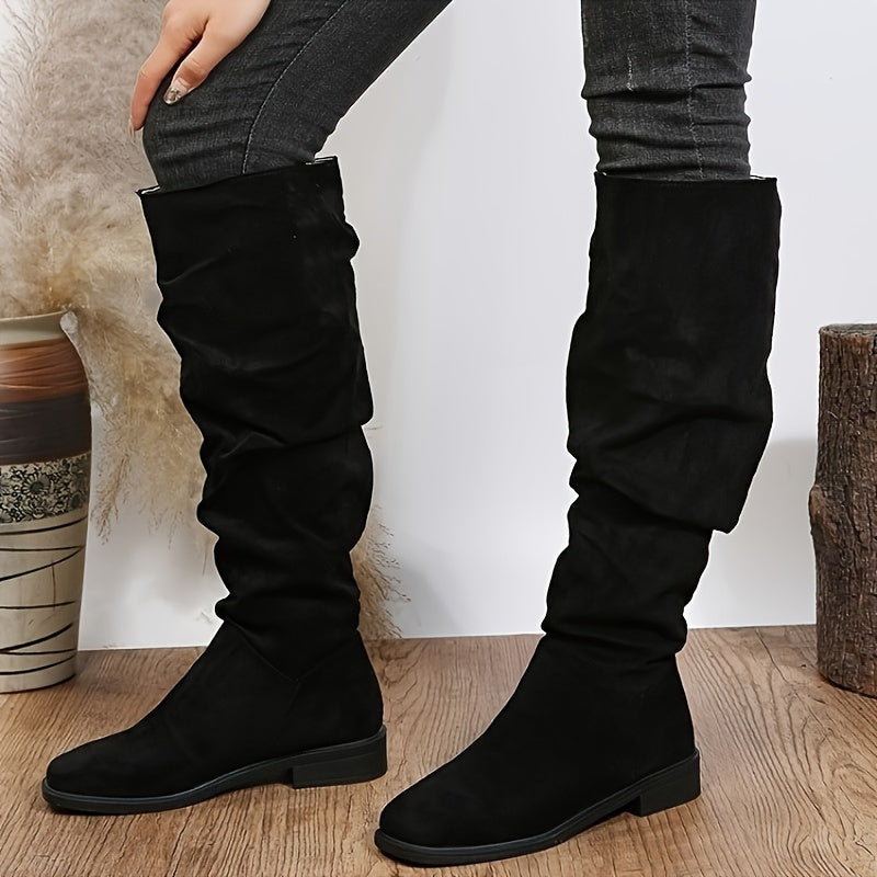 Women's Slouch Knee High Boots, Comfortable Square Toe Pull On Long Boots, All-Match Suedette Boots