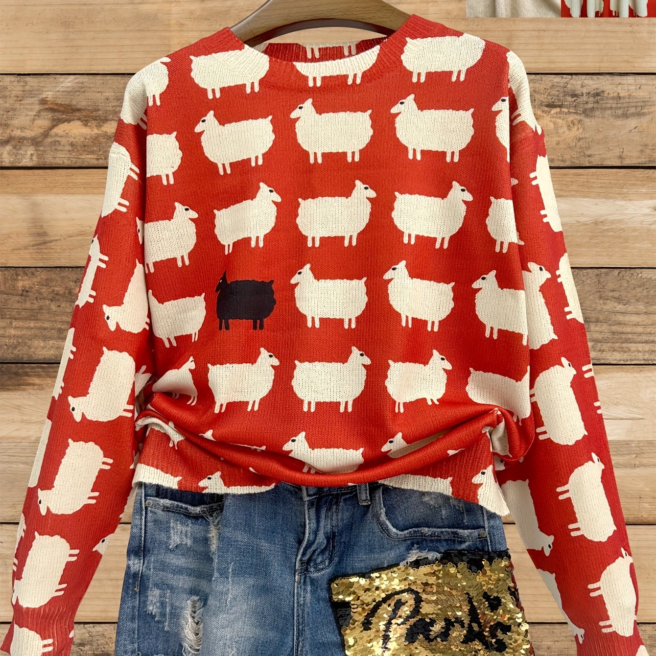 3D Sheep Pattern Crew Neck Pullover Sweater - Soft Slight Stretch Polyester Knit Fabric, Casual Long Sleeve, Regular Fit, Hand Wash or Dry Clean, All Season Wear - Womens Clothing for Fall & Winter