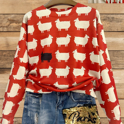 3D Sheep Pattern Crew Neck Pullover Sweater - Soft Slight Stretch Polyester Knit Fabric, Casual Long Sleeve, Regular Fit, Hand Wash or Dry Clean, All Season Wear - Womens Clothing for Fall & Winter