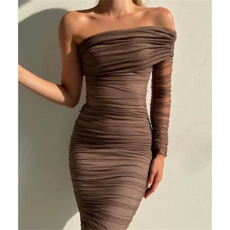 Casual Dresses  Black Women One Shoulder Mesh Long Sexy Diagonal Collar Wrap Slim Bodycon Dress Female Formal Evening Party