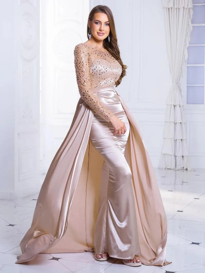 Casual Dresses Beading Sequin Floor Length Evening Party Dress Night Prom Gown Full Sleeved Padded O Neck Detachable Satin Skirt Green Gold