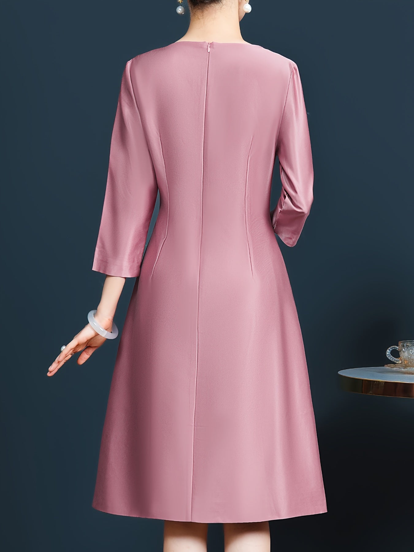 Stunning Pink Embroidered 3/4 Sleeve Mid-Length Dress for Mother of the Bride or Wedding Guest - Slimming, Elegant, and Sophisticated - Perfect for Formal Occasions and Special Events