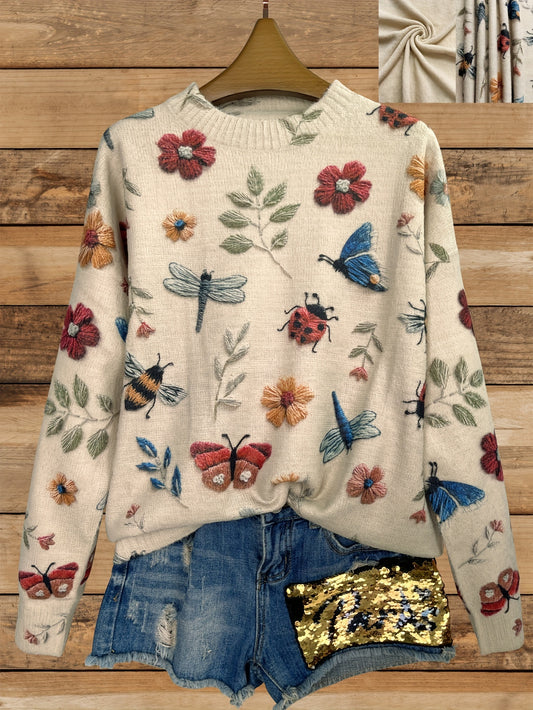 Plus Size Vibrant Butterfly & Floral Patterned Sweater - Soft, Thick, and Cozy Crew Neck Long Sleeve Top for Women - Perfect for Casual Daily Wear, Autumn and Winter Seasons