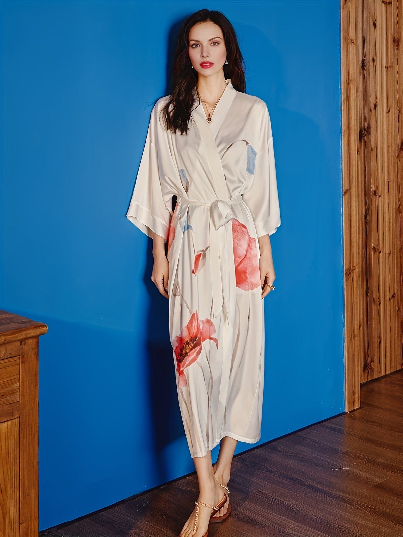 Long Satin Kimono Robe for Women - Soft V-Neck Three Quarter Sleeve Floral Bathrobe with Belt - Polyester and Elastane Blend, Random Printing, Woven, Mature Style, Suitable for All Seasons