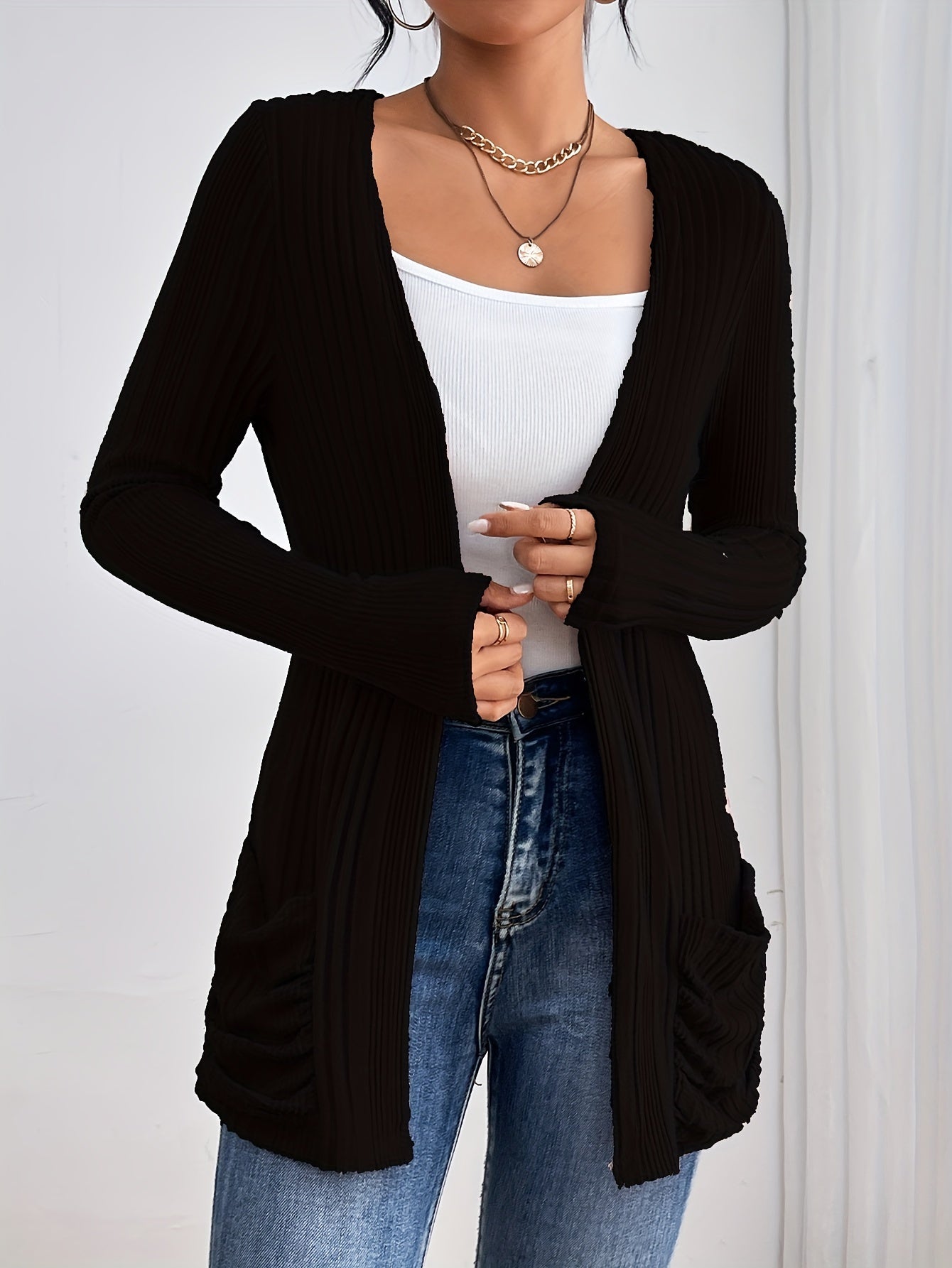 Solid Open Front Rib Knit Cardigan, Casual Long Sleeve Slim Cardigan With Pocket, Women's Clothing