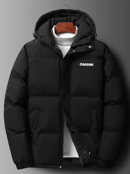 CAASUR Long Sleeve Down Jacket - Stylish Hooded Design with Unique Alphabet Print, Zipper Closure, Soft Fleece Lining, and Spacious Dual Front Pockets - Fashionable and On-Trend for Autumn and Winter Outdoor Activities and Casual Wear