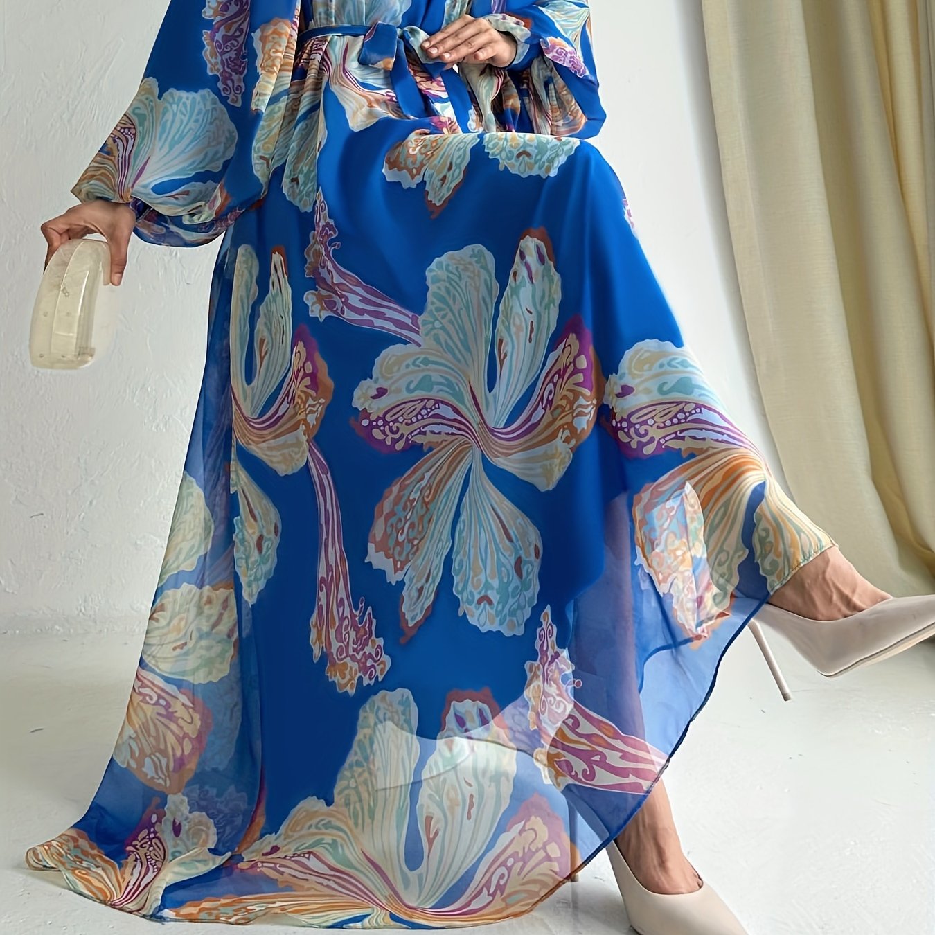 Floral Print Crew Neck Abayas Dress, Elegant Long Sleeve Maxi Length Dress, Women's Clothing