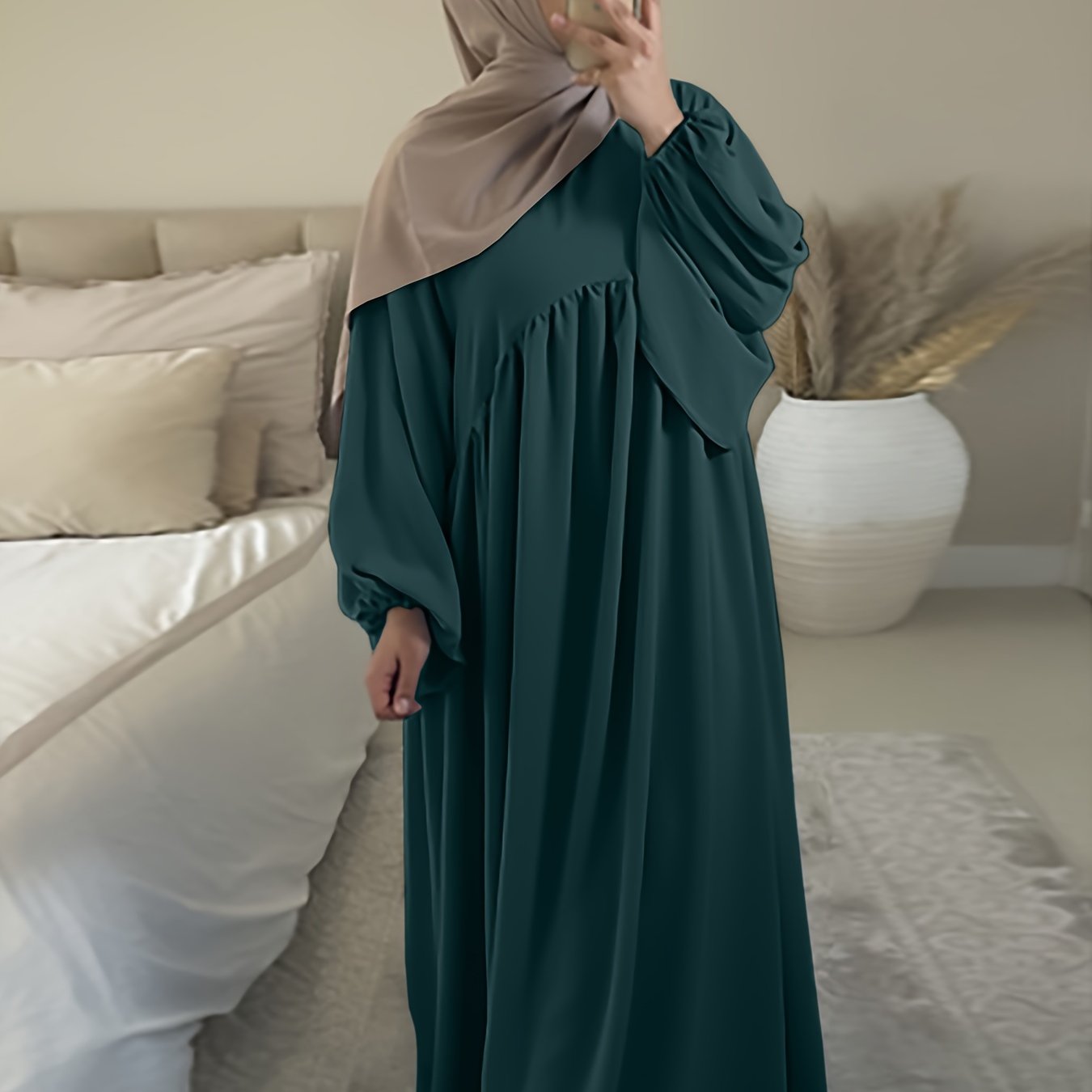 Stunning Ruffle Hem Maxi Dress - Elegant Lantern Sleeves, Modest Loose Fit, Solid Color, Women's Clothing for Everyday Elegance