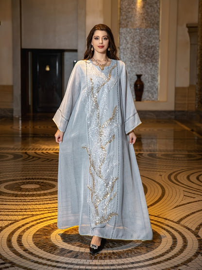 Sequined Mesh Kaftan Dress - Stunning Contrast Fabric, Elegant Long Sleeve Notched Neck Maxi Loose Fit, Perfect for Special Occasions, Womens Clothing