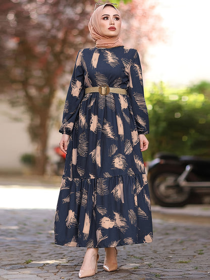 Ramadan All Over Print Crew Neck Kaftan, Casual Long Sleeve Maxi Dress, Women's Clothing