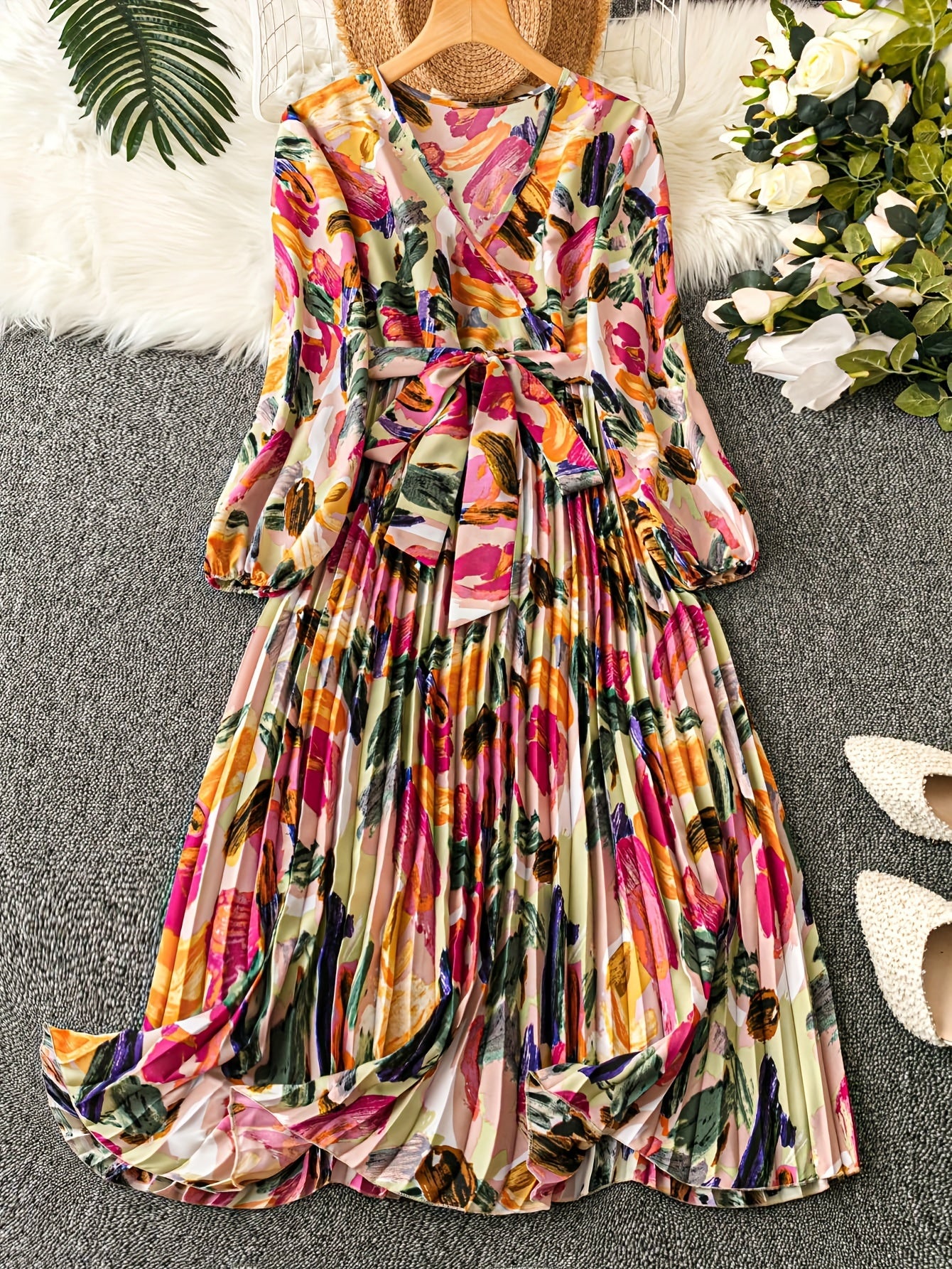 Vibrant Floral Print Belted Pleated Aline Dress - Elegant Long Sleeve V-Neck Design, Flowy Silhouette, Comfortable Wear for Spring & Fall, Women's Clothing for Various Occasions