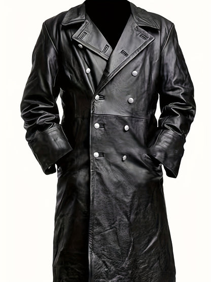 Mens Premium PU Leather Trench Coat - Stylish & Durable, Double Breasted Long Overcoat for Casual Winter Fashion