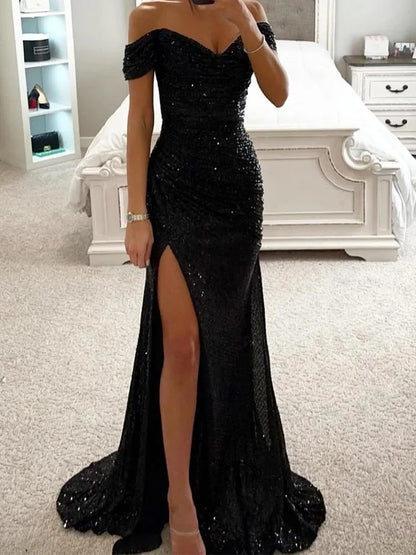 Casual Dresses Evening Women Party Sequin Long Dress Ladies Prom Fashion Off Shoulder Female Elegant Sexy Slash Neck Vestidos