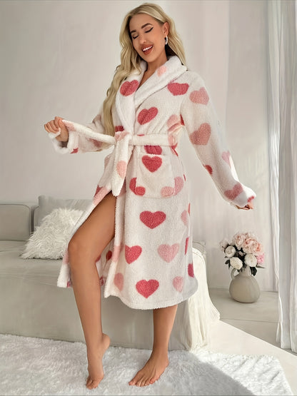 Cosy Heart Pattern Fleece Night Robe - Women's Sleepwear & Dresses - Soft, Thickened, Long Sleeve, Lapel, Longline, Belted, Fall & Winter Essential