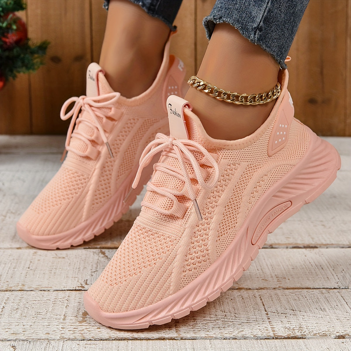 Women's Knitted Sports Shoes, Lightweight Lace Up Low Top Running & Tennis Sneakers, Breathable Gym Trainers for Holiday