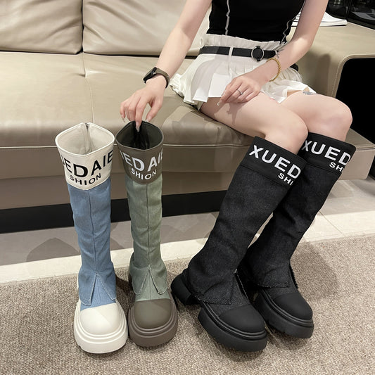 Womens Solid Hue Long High Knee Boots with Letter Print - Rear Zipper, Round Toe, Chunky Sole - Fashionable Outdoor Footwear for Trendsetters