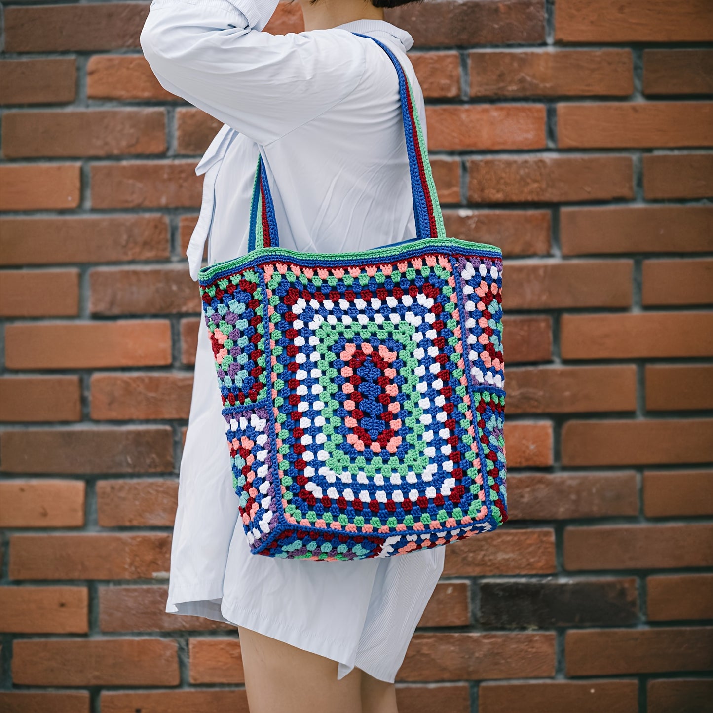 Vibrant Bohemian Chic Crochet Tote Bag - Handcrafted, Fashion-Forward Ethnic Style - Perfect for Womens Travel Adventures, Versatile & Lightweight