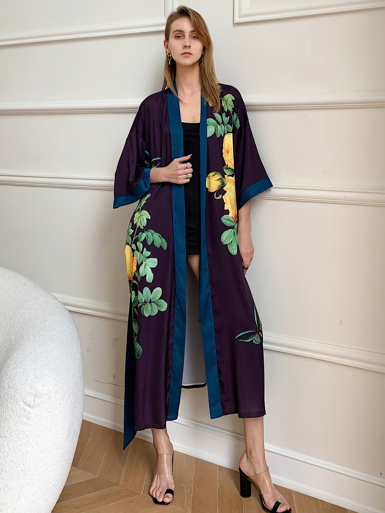 Long Satin Kimono Robe for Women - Soft V-Neck Three Quarter Sleeve Floral Bathrobe with Belt - Polyester and Elastane Blend, Random Printing, Woven, Mature Style, Suitable for All Seasons