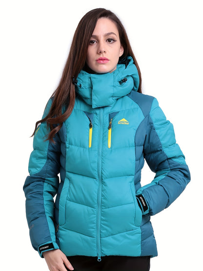 Women's Color Block Winter Thermal Down Jacket, Windproof & Waterproof Liner Comfortable Hooded Jacket